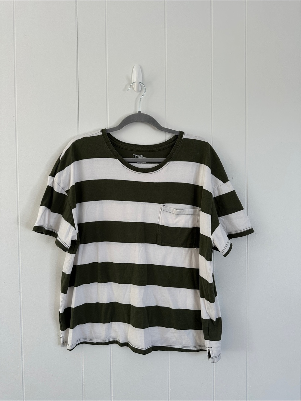 Time and Tru Olive Green and White Striped Short Sleeve Tee
